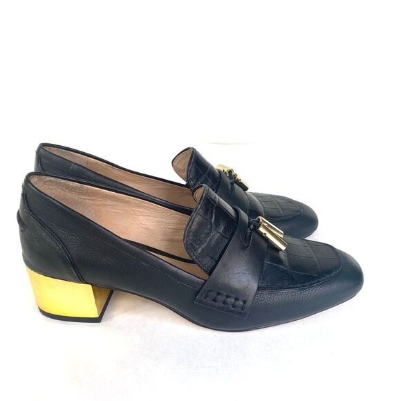 LOUISE ET CIE LANTON LEATHER LOAFER 6M BLACK W/ GOLD BLOCK HEEL 6 - Picture 2 of 10